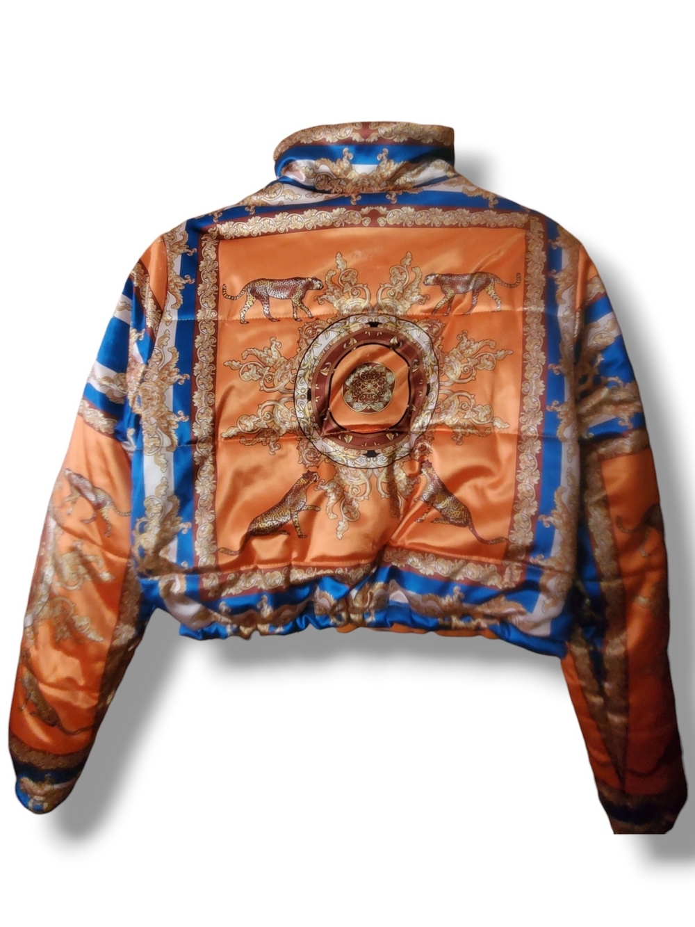 N°1 Los Angeles Cropped Puffer Jacket Cheetah Leopard Baroque Print Orange Blue - Picture 3 of 12